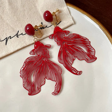 DAIIIBABYYY  -  Red Koi Fish Clip on Earrings for Women Hollow Metallic Goldfish Ear Clip Earrings with No Piercing Ear Jewelry Lucky Gifts